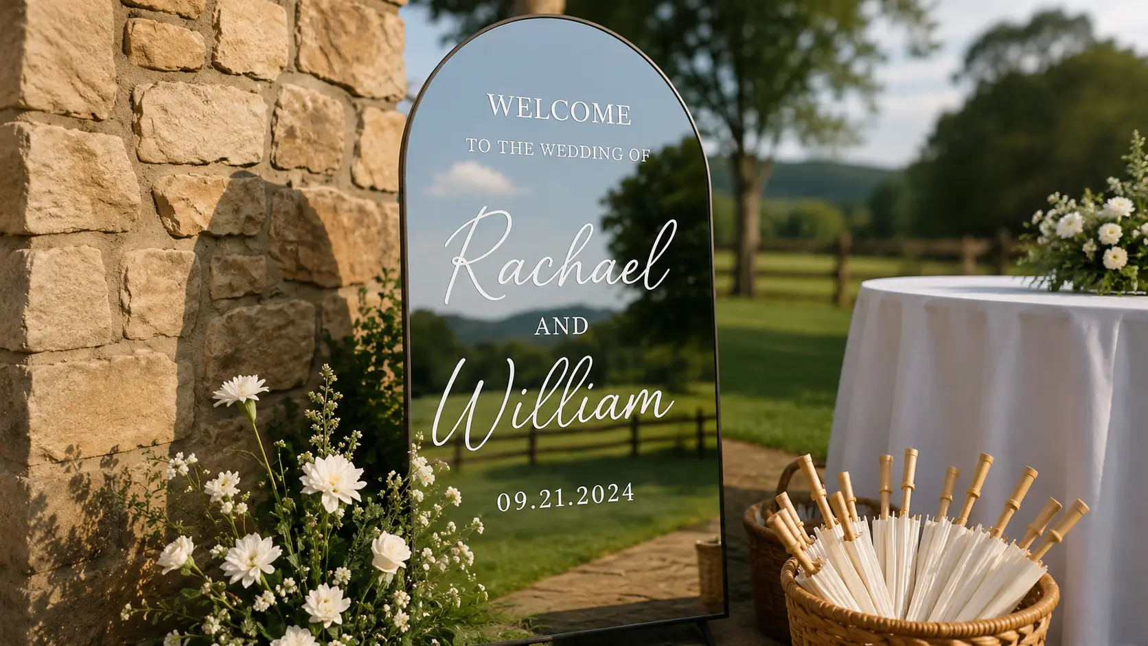 Ingresso del matrimonio con specchio di benvenuto e decorazioni coordinate