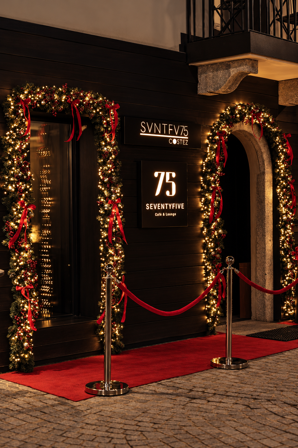 Ingresso di un locale allestito per Natale con ghirlande luminose, fiocchi rossi e tappeto rosso